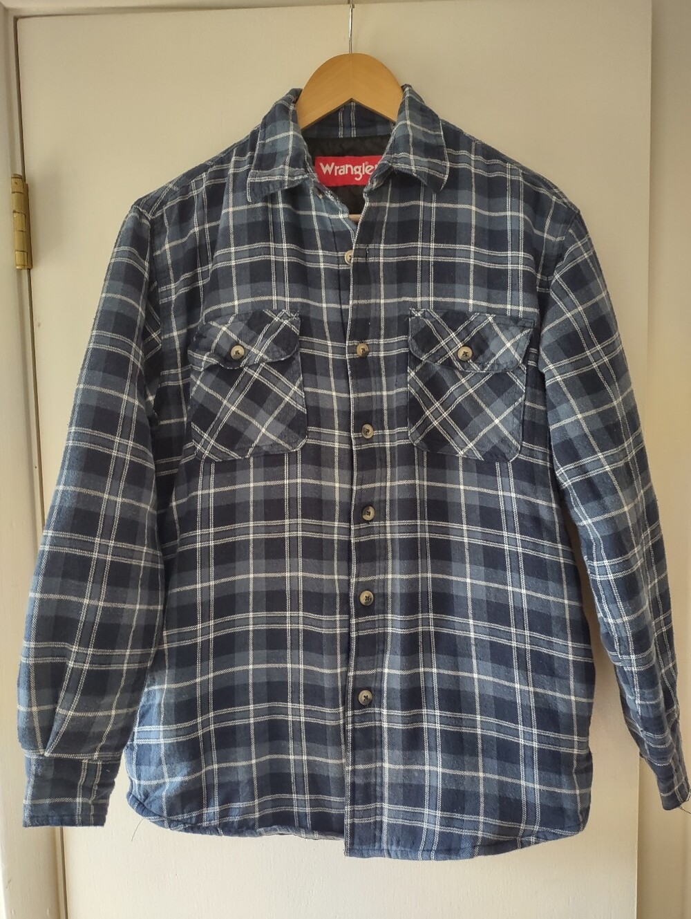 Wrangler Men's S Quilted Flannel Shirt Jacket Blue Plaid Lined Button Up Utility